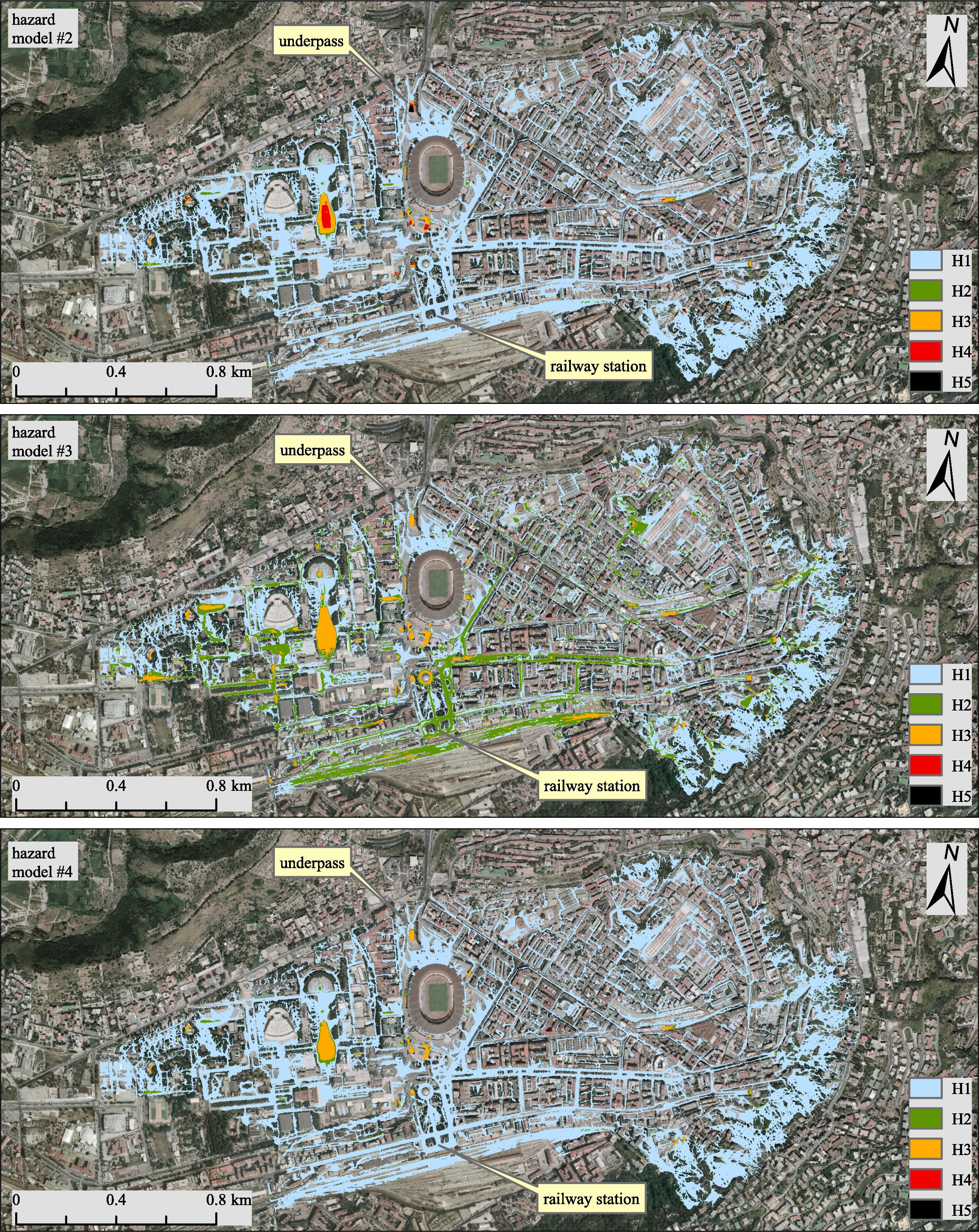 Esempio di output per il caso studio del quartiere Fuorigrotta, Napoli (Italia). Mappe di pericolosità per lo scenario T2/RCP 8.5 della proiezione climatica n.13: modello di pericolosità basato sulla portata unitaria (in alto), modello di pericolosità basato sulla profondità dell’acqua (al centro), modello di pericolosità basato sull’energia totale (in basso)