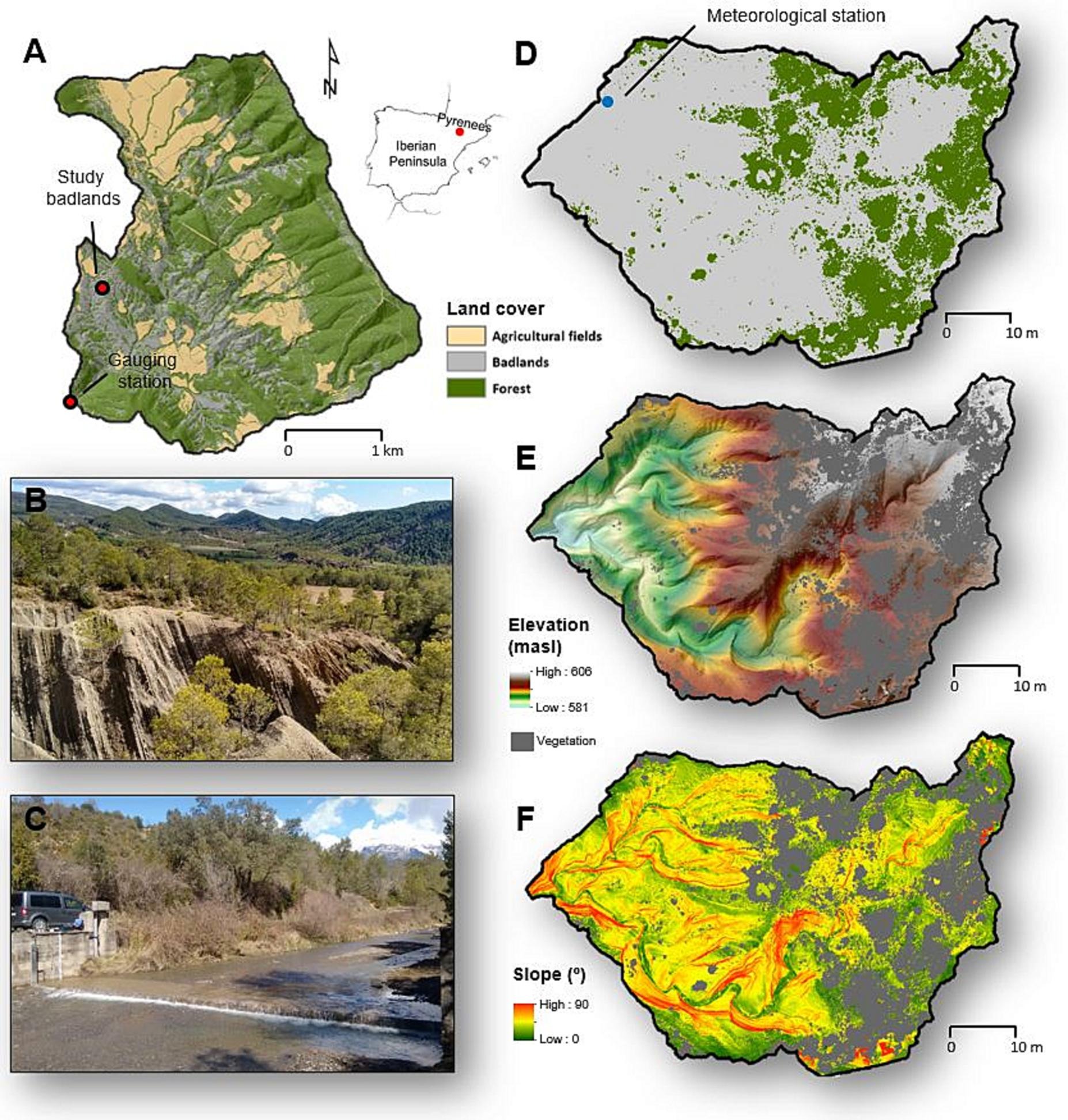 Il Bacino di El Soto (Pirenei, Penisola Iberica) è caratterizzato da estese aree calanchive. In aggiunta ai dati meteo-climatici e geografici, sono disponibili rilievi topografici ad alta risoluzione spaziale acquisiti ogni 3-4 mesi e estesi nell’arco di due anni, dai quali è stato possibile estrarre informazioni di dettaglio sui processi erosivi in atto. (