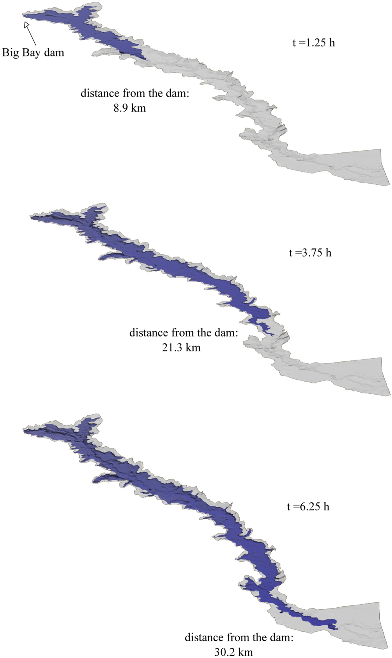 Aree inondabili e propagazione dell’onda di piena dovuta al collasso della diga di Big Bay (Usa, 2004). 