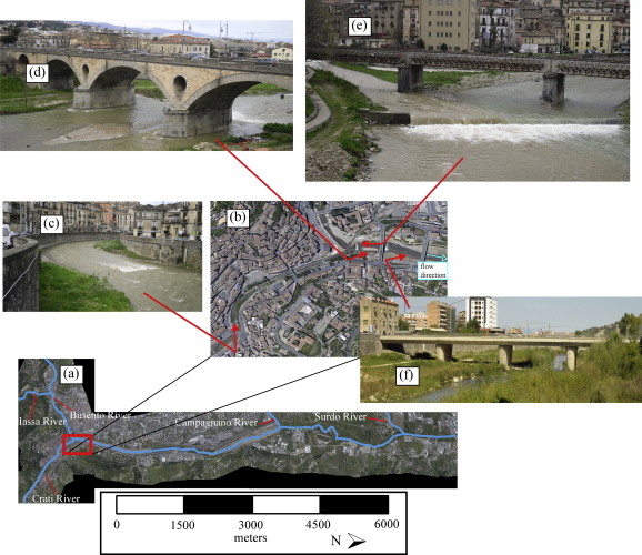 Esempio di contesto fortemente urbanizzato in cui la dinamica dell’esondazione è fortemente condizionati dall’interazione tra corrente di piena e strutture in alveo: confluenza tra i fiumi Crati e Busento localizzata nel cento storico di Cosenza (Calabria, Italia), con interazioni tra la corrente e le strutture in alveo. 