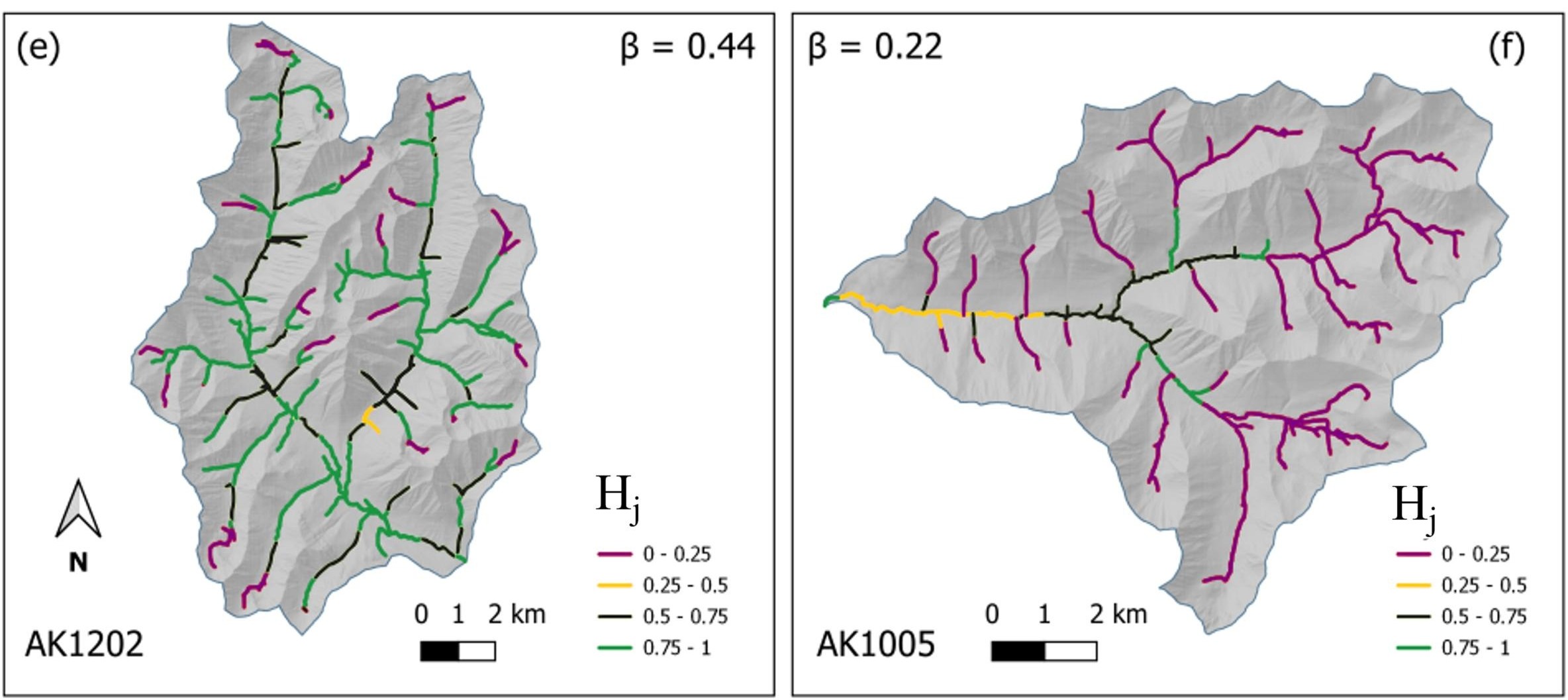 Variabilità degli IPDs a scala di tratto  (Hj) come misura sintetica della suscettibilità di una rete idrografico di espandersi/contrarsi in funzione del regime delle portate (Hj->0, tratti soggetti a espansione limitata, Hj->1, tratti soggetti a forse espansione  