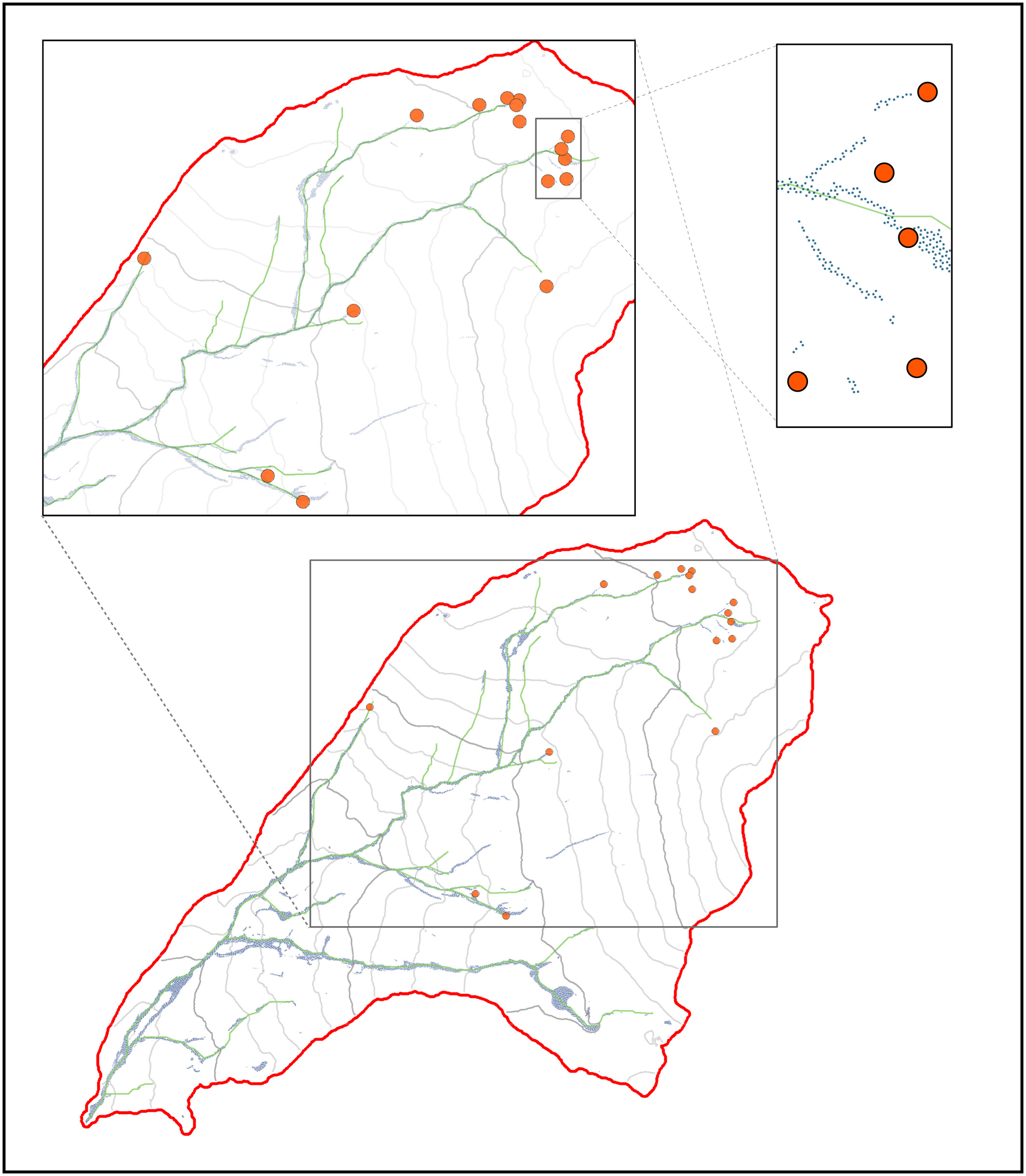 Net−points simulati dall’approccio proposto e confronto con le teste di canale rilevate da osservazioni di campo (cerchi arancioni) e con il reticolo estratto da un metodo avanzato di estrazione dei reticoli idrografici da DEM (linee verdi) 